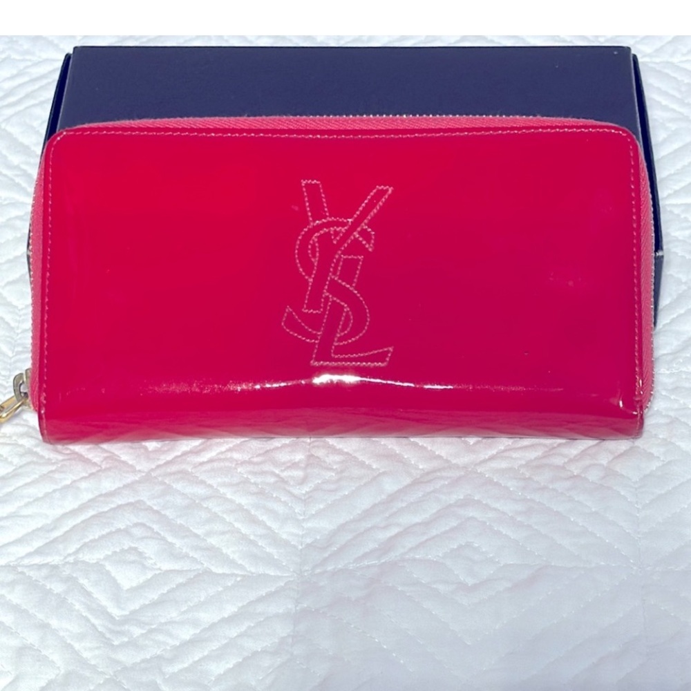YSL 🩷 Yves Saint Laurent Patten Leather hot pink zippy wallet EUC